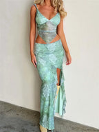 Lace V-Neck Backless Camis Top High Split Skirt Summer Set