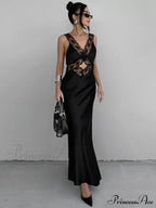 Lace V Neck Evening Maxi Dress