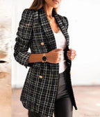 Lady Elegant Double-Breasted Check Slim Long-Sleeved Blazer