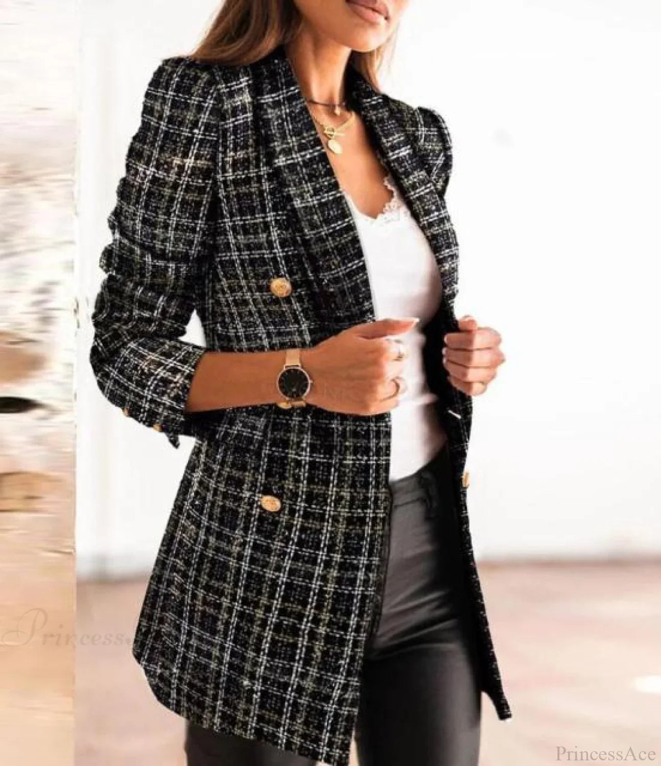 Lady Elegant Double-Breasted Check Slim Long-Sleeved Blazer