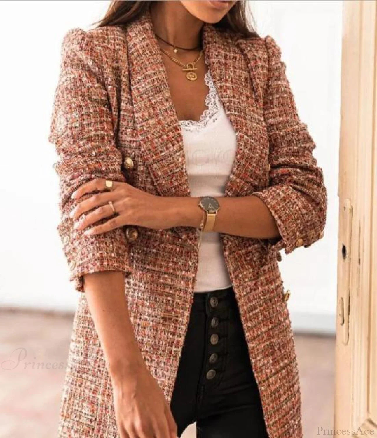 Lady Elegant Double-Breasted Check Slim Long-Sleeved Blazer