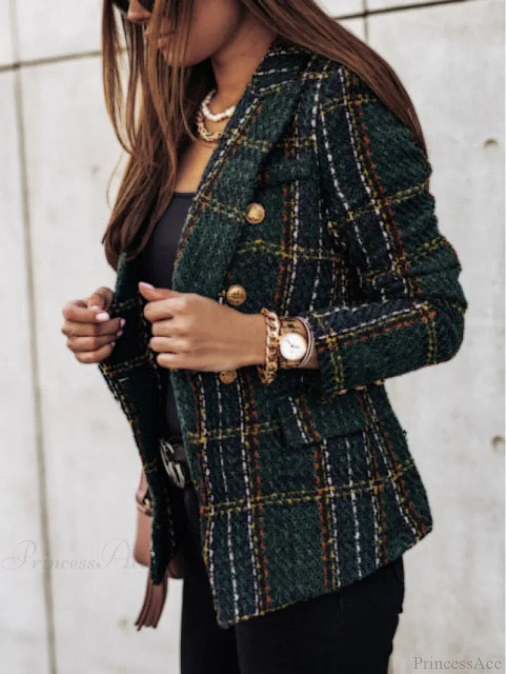 Lady Elegant Double-Breasted Check Slim Long-Sleeved Blazer