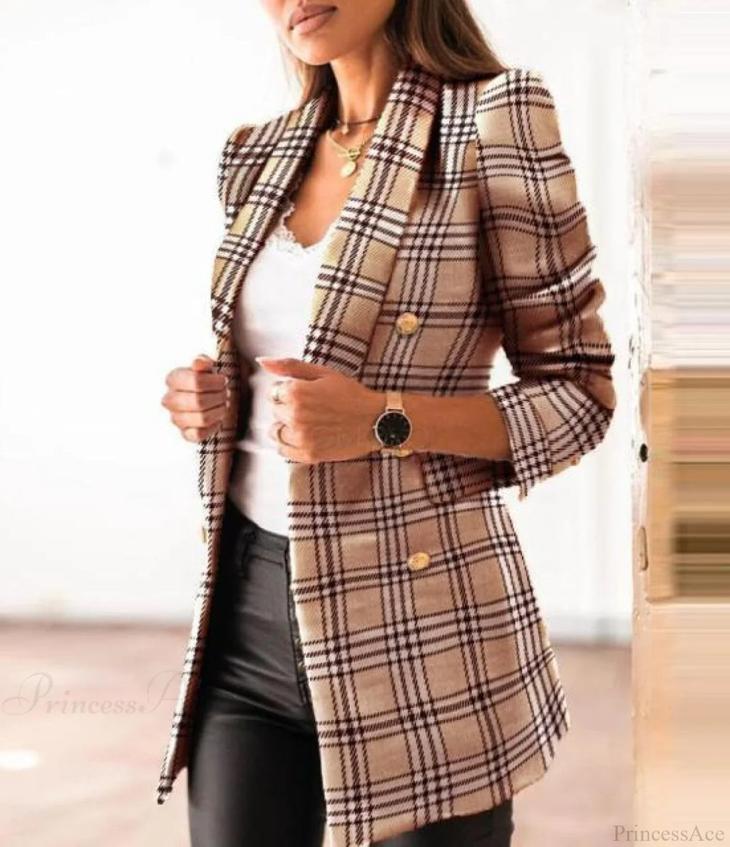 Lady Elegant Double-Breasted Check Slim Long-Sleeved Blazer