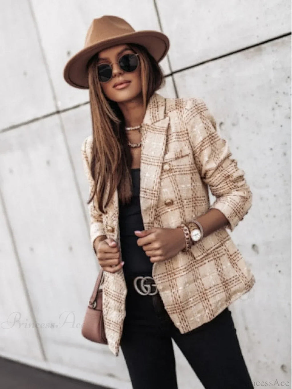 Lady Elegant Double-Breasted Check Slim Long-Sleeved Blazer