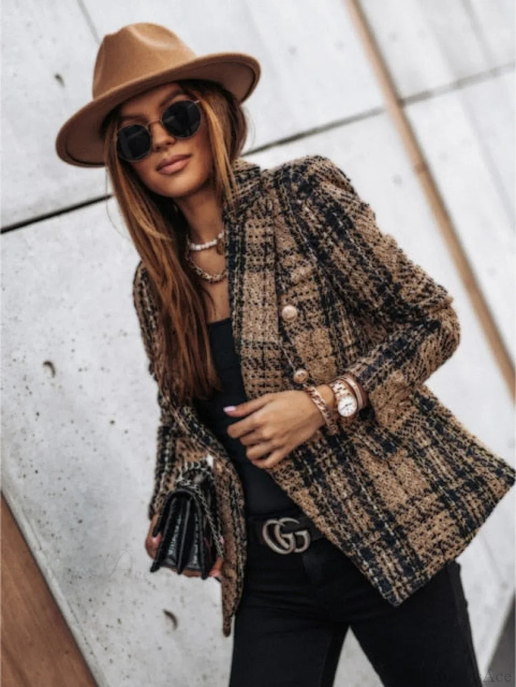Lady Elegant Double-Breasted Check Slim Long-Sleeved Blazer