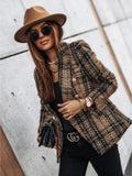 Lady Elegant Double-Breasted Check Slim Long-Sleeved Blazer