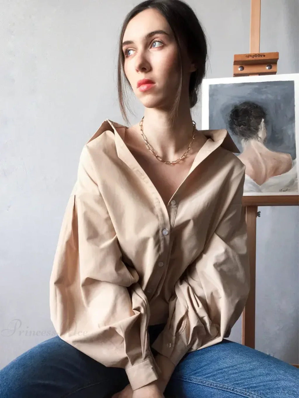 Lantern Sleeve Button Collar Blouse