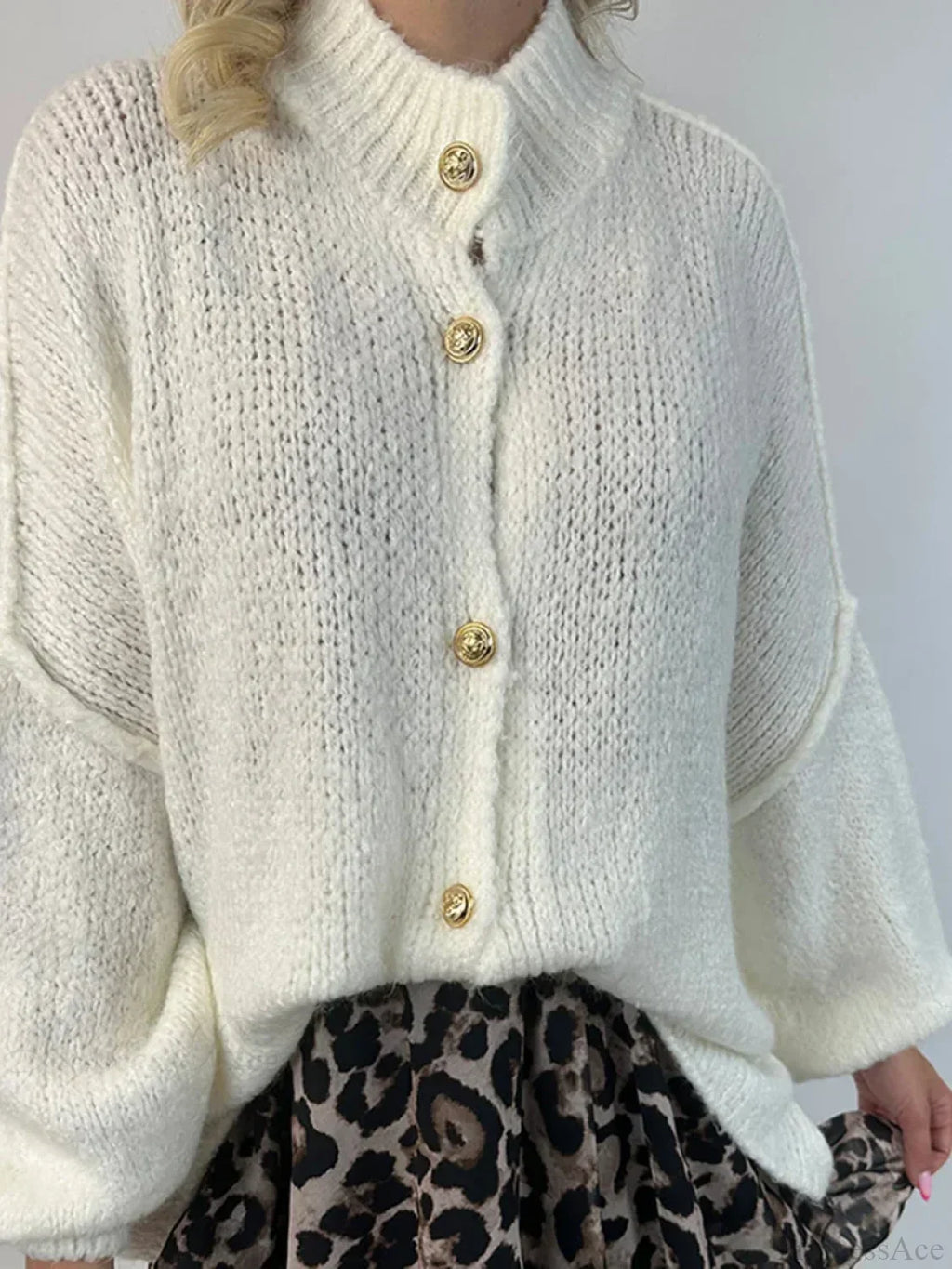 Lantern Sleeve Stand Collar Cardigan