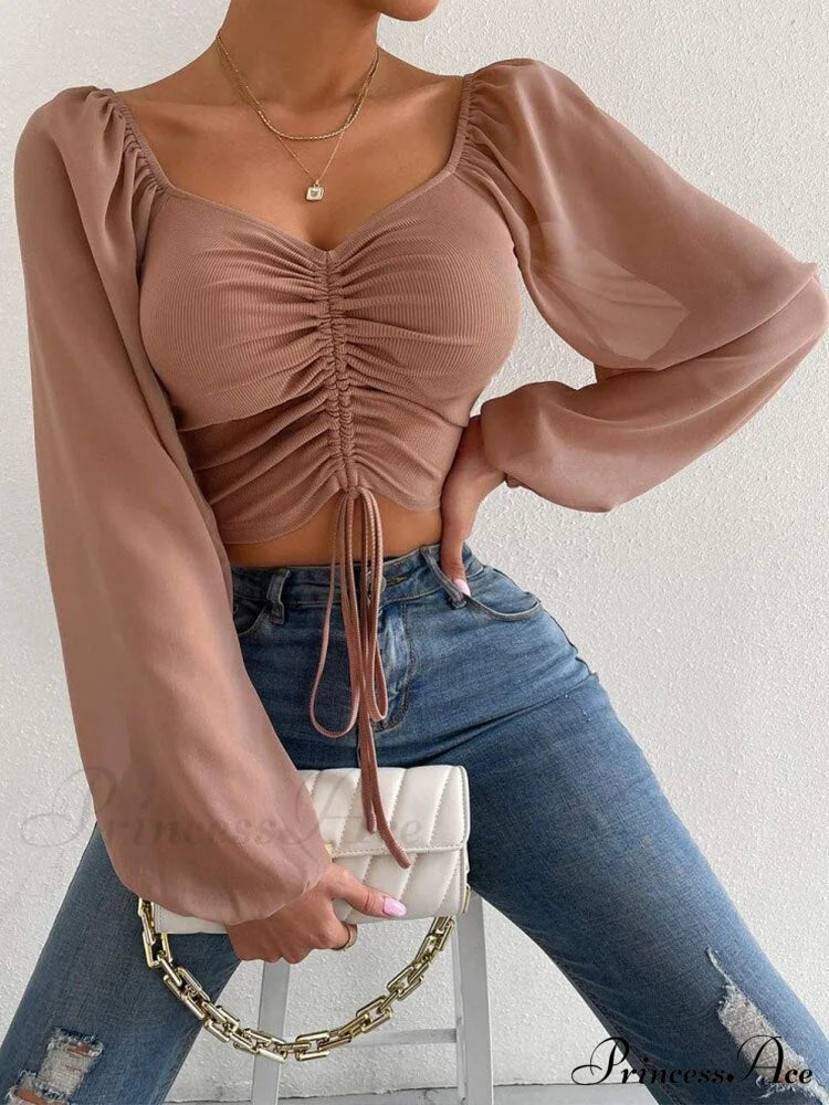 Lantern Sleeve V-Neck Blouses