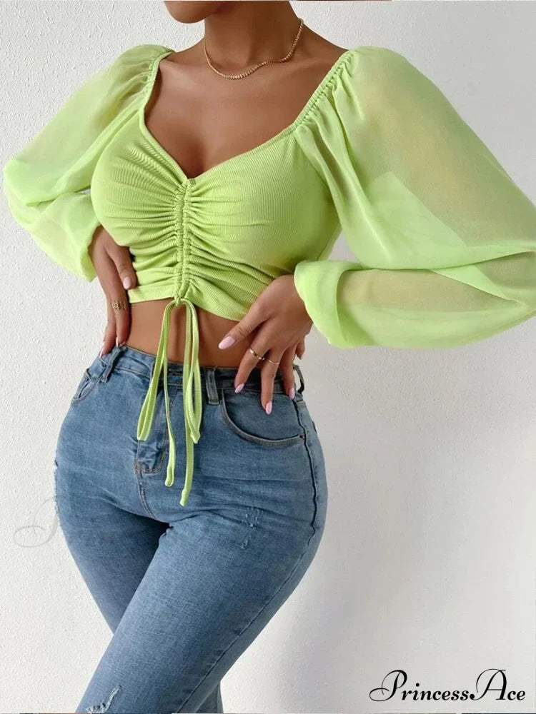 Lantern Sleeve V-Neck Blouses