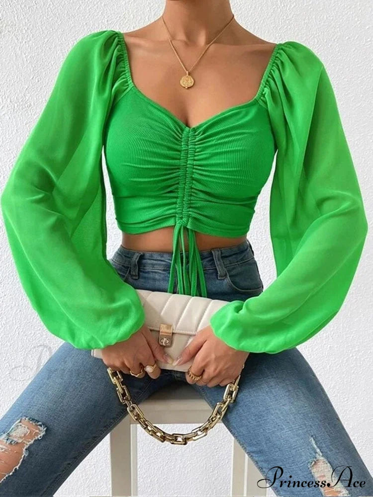 Lantern Sleeve V-Neck Blouses