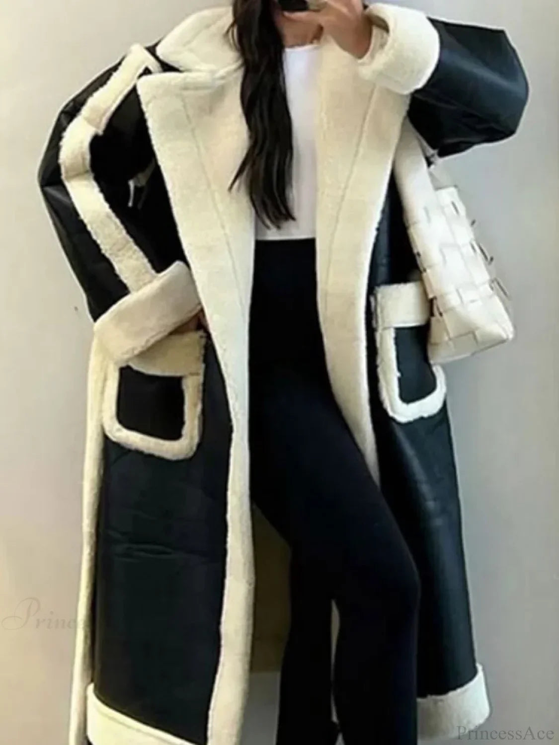 Lapel Contrast Leather Loose Coat