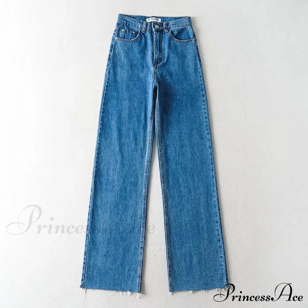 Leg Straight Denim Casual - Baggy Jeans High Waist Fit