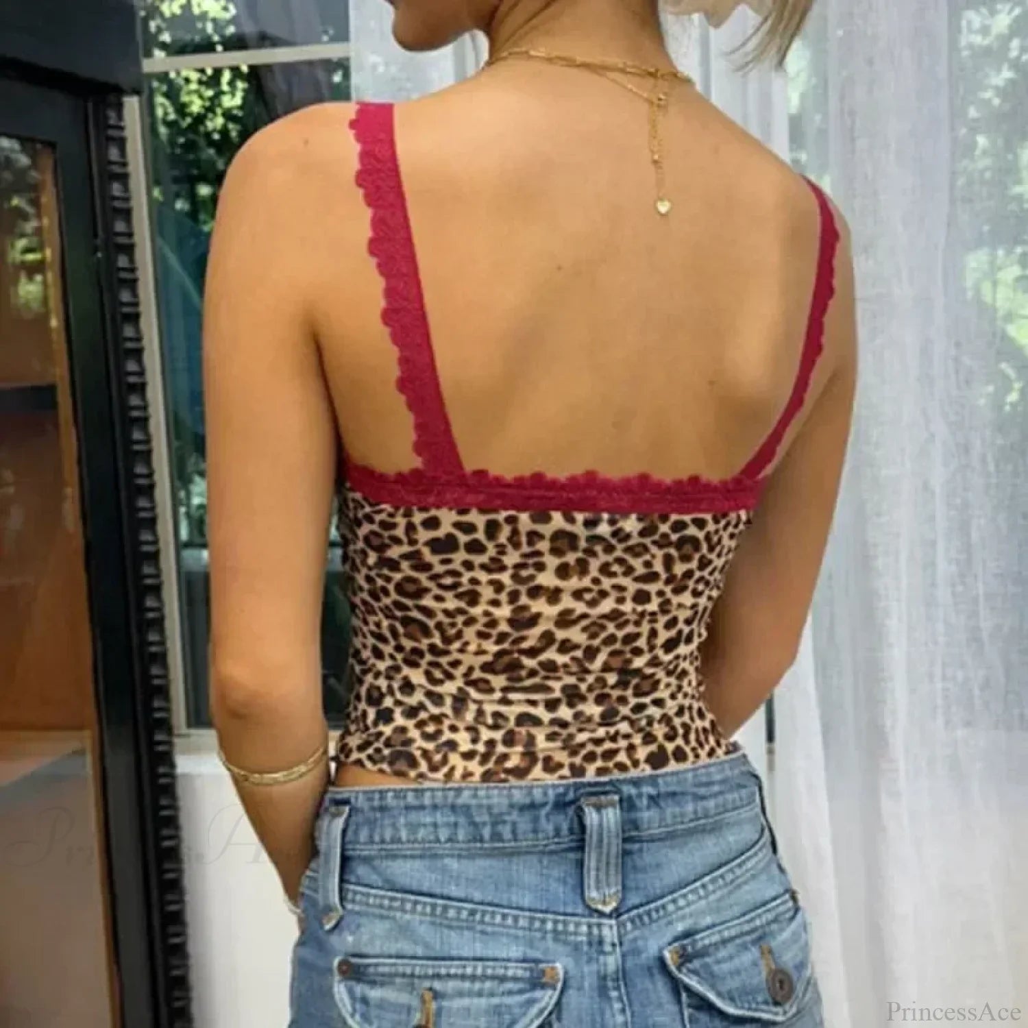 Leopard Print Coquette Lace Trim V Neck Spaghetti Strap Sleeveless Crop Top