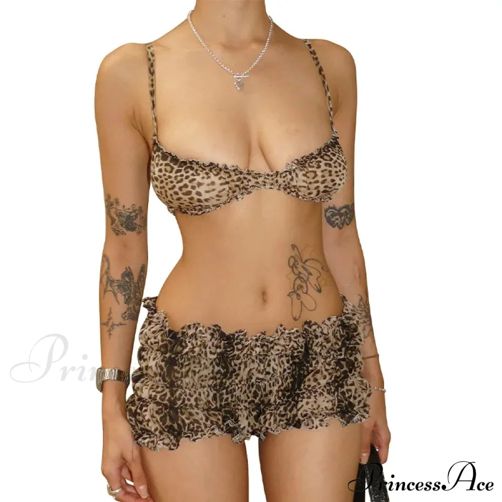 Leopard Print Ruffles Cami Graceful Bra Top And Shorts Set