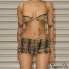 Leopard Print Ruffles Cami Graceful Bra Top And Shorts Set
