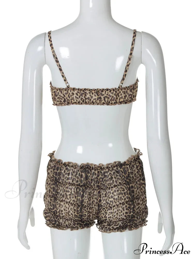 Leopard Print Ruffles Cami Graceful Bra Top And Shorts Set