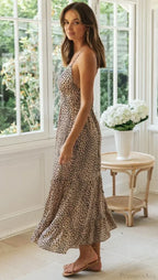 Leopard Print Strapless V-Neck Beach Holiday Maxi Boho Dress