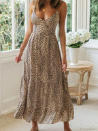 Leopard Print Strapless V-Neck Beach Holiday Maxi Boho Dress