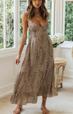 Leopard Print Strapless V-Neck Beach Holiday Maxi Boho Dress