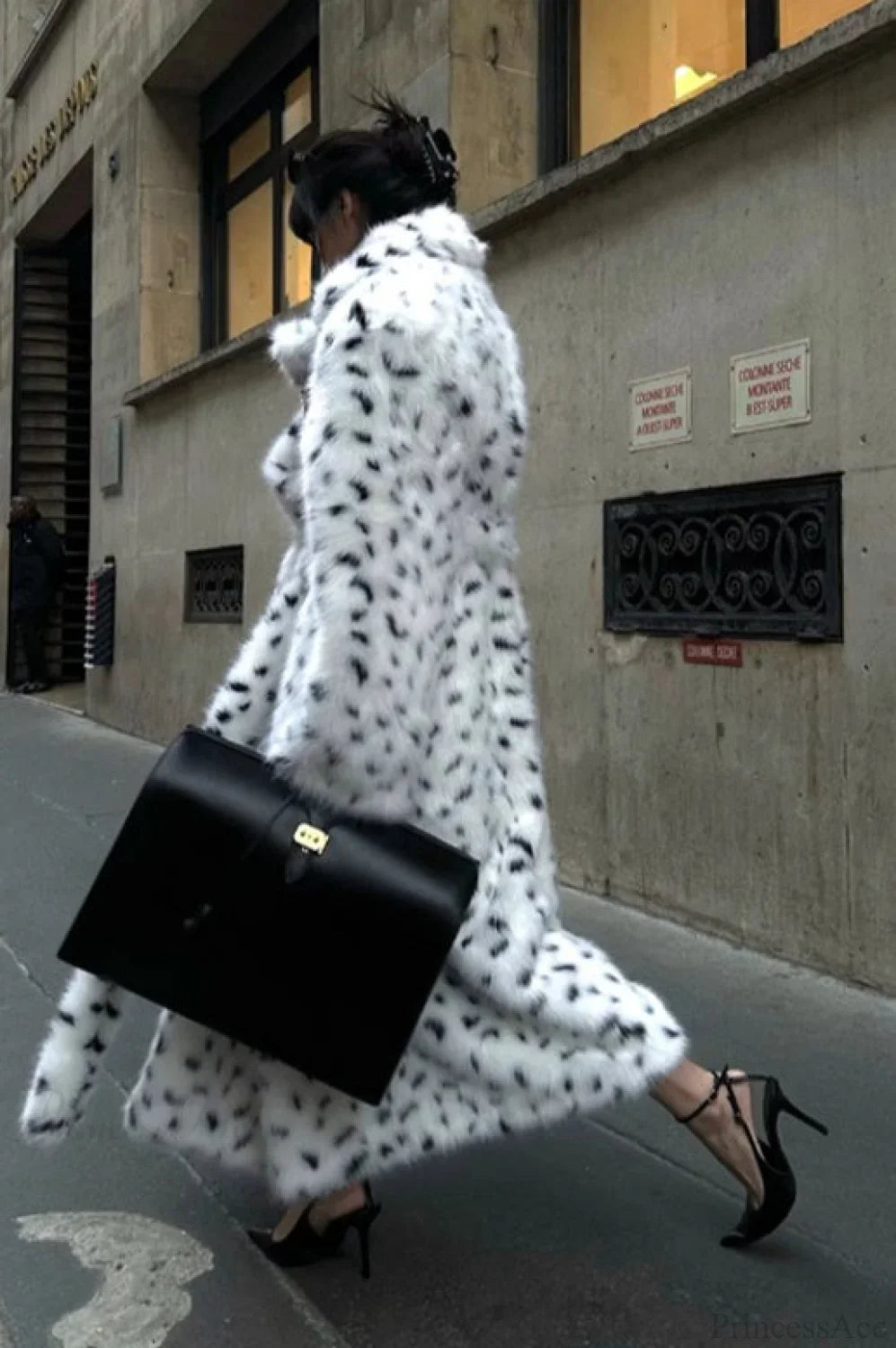 Leopard Print Warm Faux Fox Fur Notched Collar Loose Overcoat