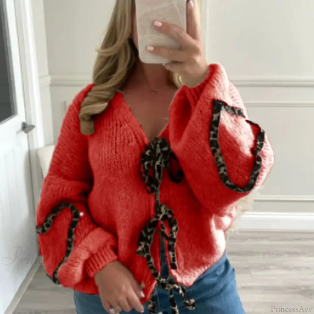 Leopard Ribbon Tie V-Neck Cardigan