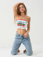 Letters Print Off-Shoulder Sleeveless Wrap Tube Top