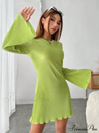 Lettuce Trim Trumpet Sleeve Ribbed Knit Dress