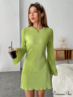 Lettuce Trim Trumpet Sleeve Ribbed Knit Dress