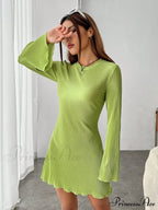 Lettuce Trim Trumpet Sleeve Ribbed Knit Dress