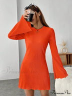 Lettuce Trim Trumpet Sleeve Ribbed Knit Dress