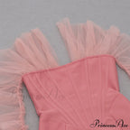 Long Arm Pink Warm-Season Bodycon Mesh Shoulder Bandage Backless Mini Women Off Dress