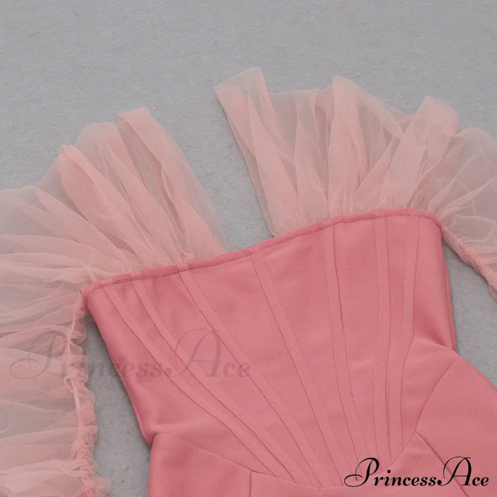 Long Arm Pink Warm-Season Bodycon Mesh Shoulder Bandage Backless Mini Women Off Dress