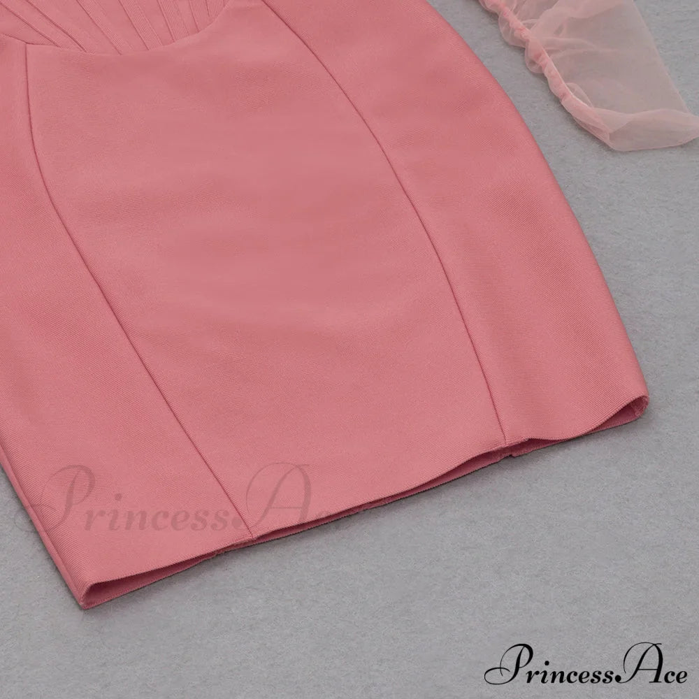Long Arm Pink Warm-Season Bodycon Mesh Shoulder Bandage Backless Mini Women Off Dress