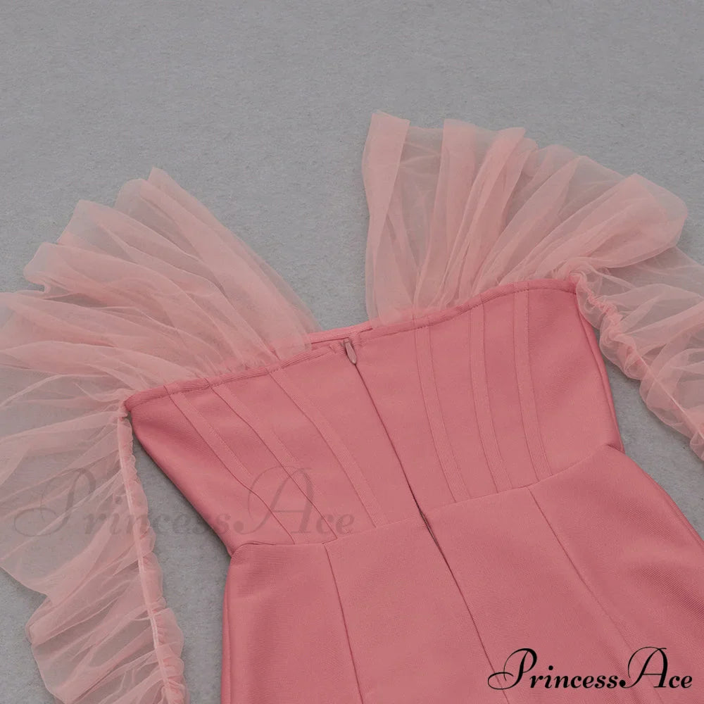 Long Arm Pink Warm-Season Bodycon Mesh Shoulder Bandage Backless Mini Women Off Dress