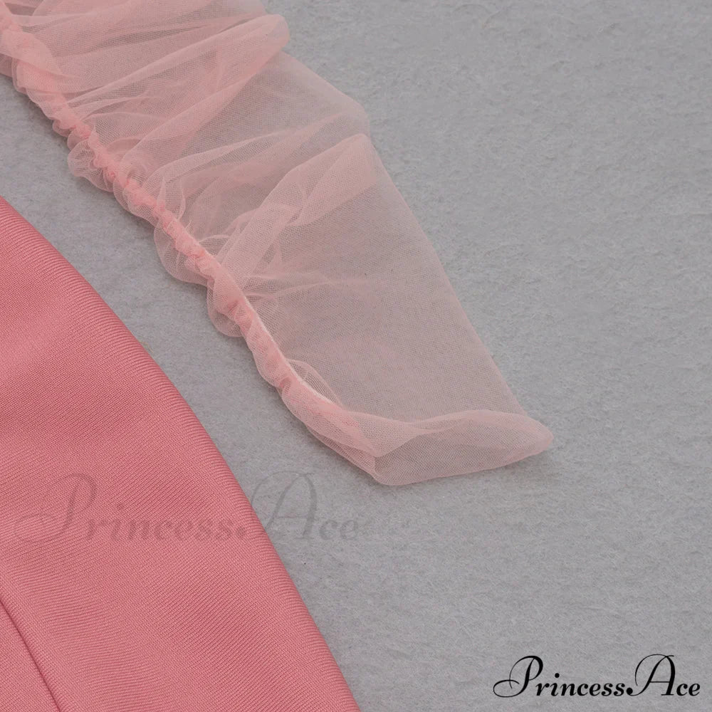 Long Arm Pink Warm-Season Bodycon Mesh Shoulder Bandage Backless Mini Women Off Dress