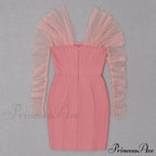 Long Arm Pink Warm-Season Bodycon Mesh Shoulder Bandage Backless Mini Women Off Dress