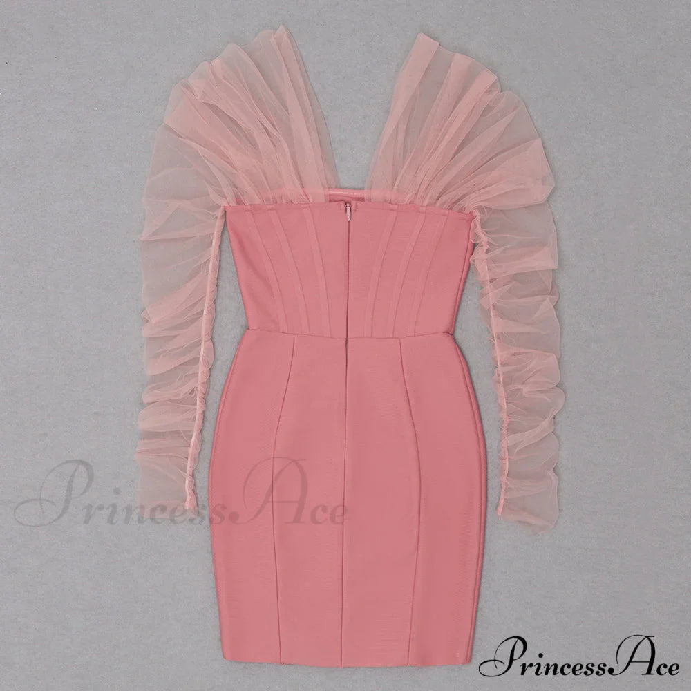 Long Arm Pink Warm-Season Bodycon Mesh Shoulder Bandage Backless Mini Women Off Dress