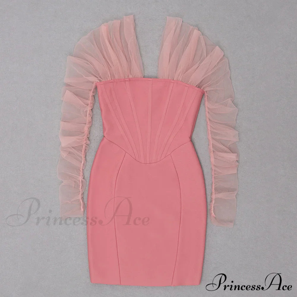 Long Arm Pink Warm-Season Bodycon Mesh Shoulder Bandage Backless Mini Women Off Dress