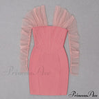 Long Arm Pink Warm-Season Bodycon Mesh Shoulder Bandage Backless Mini Women Off Dress