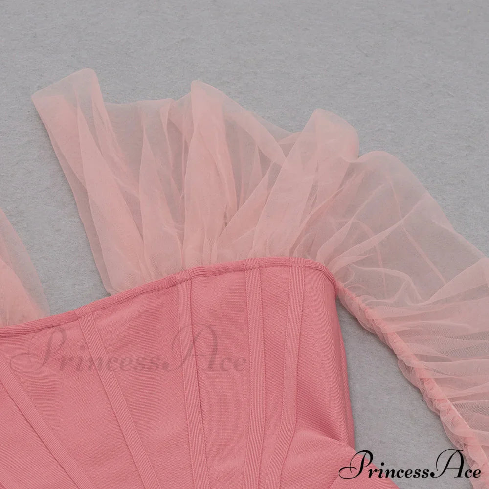 Long Arm Pink Warm-Season Bodycon Mesh Shoulder Bandage Backless Mini Women Off Dress