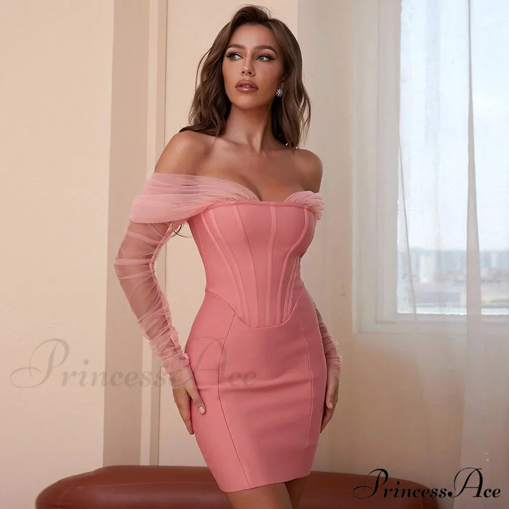 Long Arm Pink Warm-Season Bodycon Mesh Shoulder Bandage Backless Mini Women Off Dress