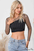 Long Cropped With Pearl Top Mesh Sleeves