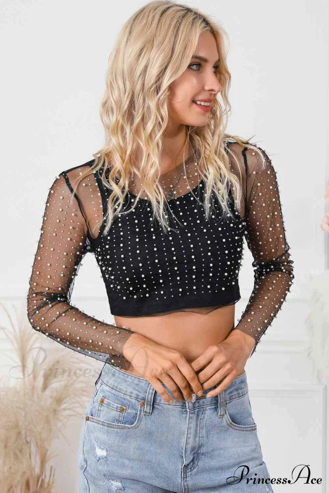 Long Cropped With Pearl Top Mesh Sleeves
