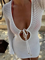 Long Flare-Sleeve Lace Mini Dress