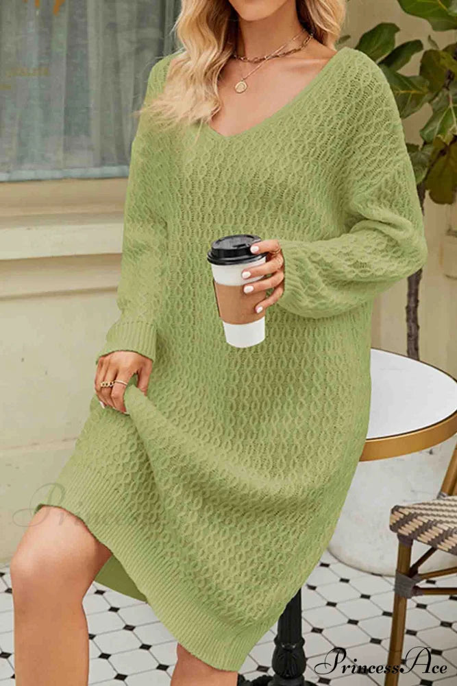 Long Knitted Sweater Dress In Solid Color