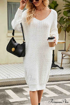 Long Knitted Sweater Dress In Solid Color