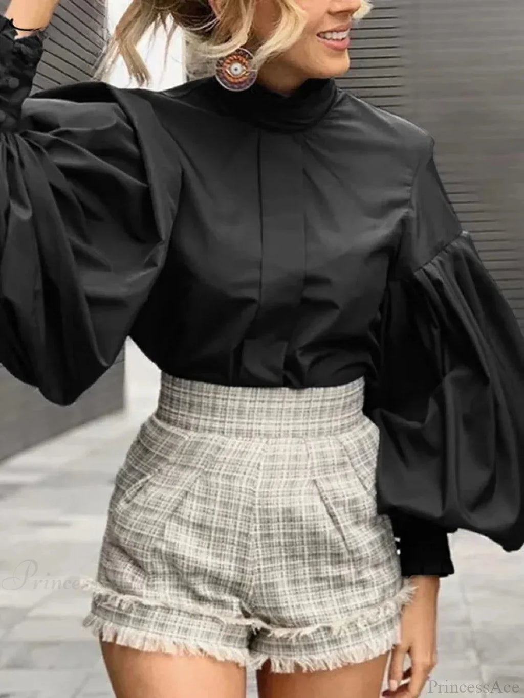 Long Lantern Sleeve Solid Purple Blouse