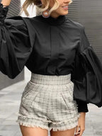 Long Lantern Sleeve Solid Purple Blouse