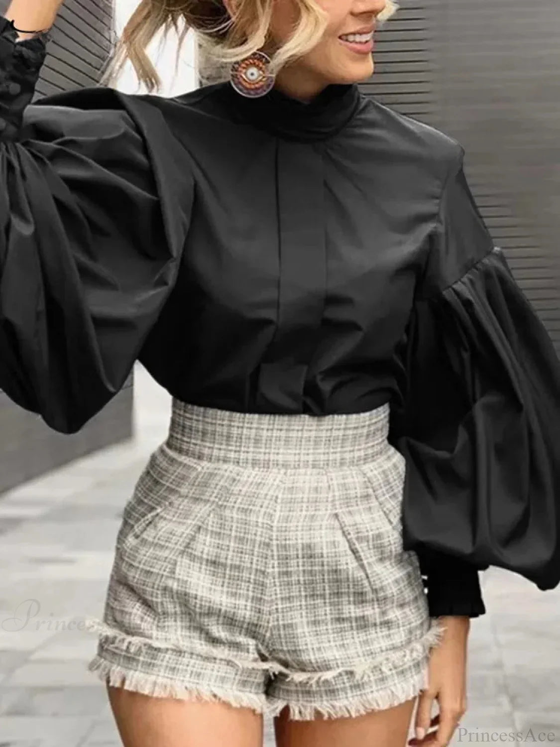 Long Lantern Sleeve Solid Purple Blouse